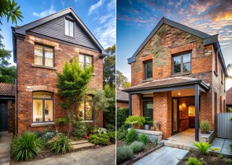 Dramatic transformation of a neglected brick house, from worn and weathered facade to beautifully renovated modern home