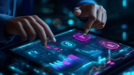 Business professional using a futuristic touchscreen interface to manage financial planning and budgeting, Budget and financial planning concept,Corporate finance and annual strategic plan. invest, Ai