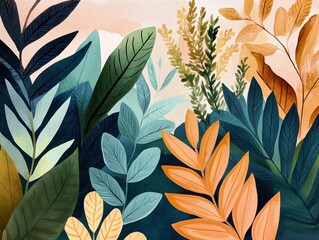 Intricate layers of wild botanicals, organic textures with a mix of soft pastels and deep greens