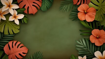 Layered botanical background featuring a variety of tropical leaves and flowers, organic textures with warm, natural lighting