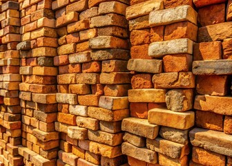 Fototapeta premium Earthy, sun-baked bricks made from natural clay and earthy minerals stacked rusticly, evoking a sense of ancient, worn,