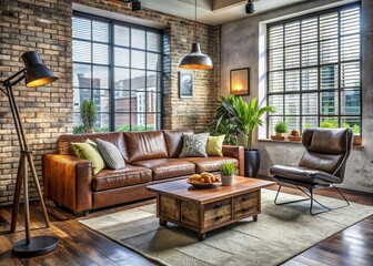 Fototapeta premium Eclectic living room interior with vintage armchair, modern sectional sofa, reclaimed wood coffee table, and