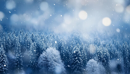 Naklejka premium Snowy and frozen winter background with blurred forest view and snowfall