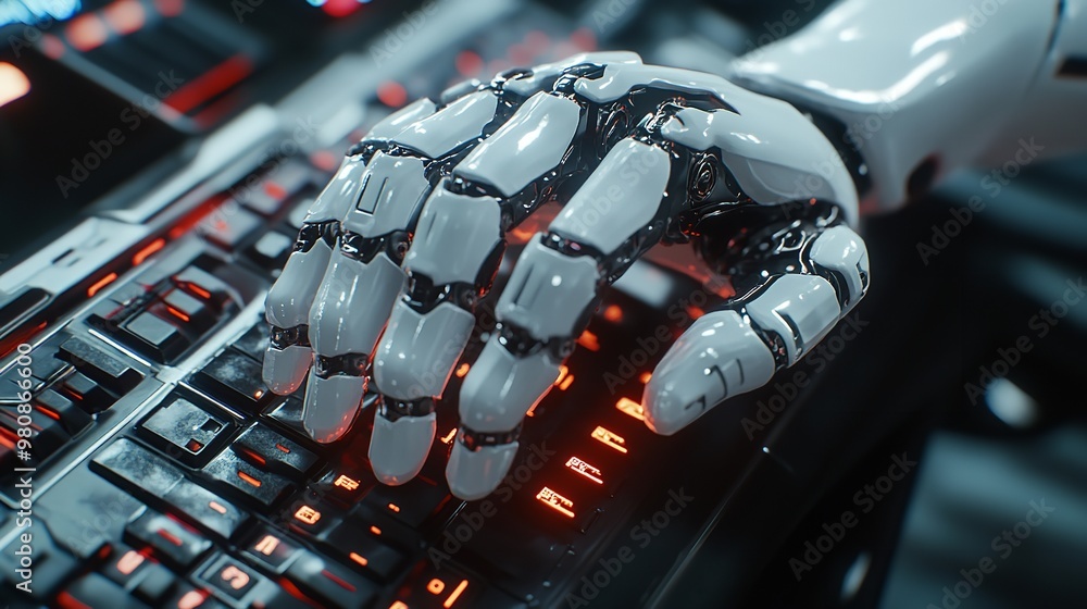 Poster a robotic hand types on a keyboard. generative ai