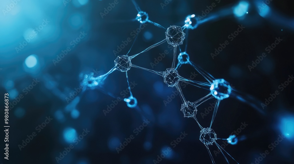 Wall mural abstract digital molecules connected by polygonal shapes on a futuristic dark blue background