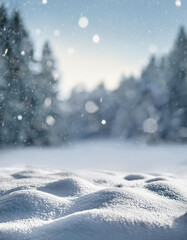 White sparkling snow on a snowy and frozen winter background with a blurred forest view, falling snow, copy space for text