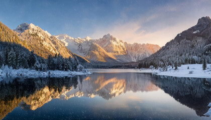 Fototapeta premium Sunrise over snowy mountains, resulting in mountains reflected in the icy lake under the morning sunlight. Stunning winter panoramic nature scenery in a mountain valley with falling snow