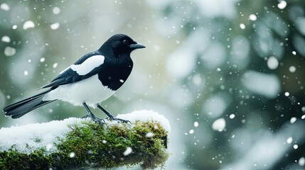 Fototapeta premium A black and white magpie perches on a snow-covered branch in a winter forest, with snowflakes falling around it.