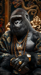 Obraz premium Luxurious gorilla with an open tail, full face, jewelry