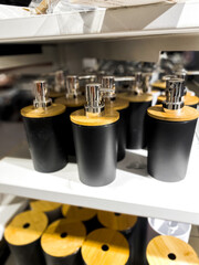 Store shelves with home decor. Accessories for the bathroom, for the room, for the kitchen. Decor shopping concept