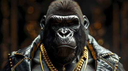 Luxurious gorilla  with an open tail, full face, jewelry