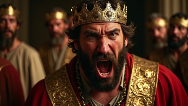 King Herod&rsquo;s Rage, A dramatic scene in Herod&rsquo;s court as he angrily reacts to the news of a new king being born, surrounded by his advisors and guards.