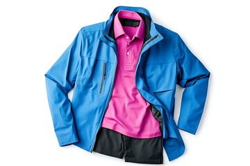 men's black hooded jacket, pink shirt with a button-down collar and sports blue shorts isolated on white background.