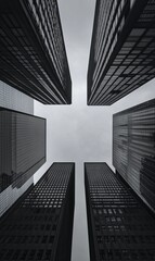 A low angle view of five skyscrapers reaching towards a cloudy sky.