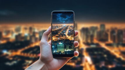 A Hand Holding a Smartphone Displaying an Aerial View of a Night City