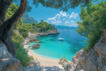 idyllic mediterranean beach scene turquoise waters meet golden sands under a clear blue sky lush vegetation and rocky outcrops frame the tranquil bay creating a perfect tropical paradise