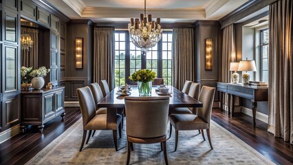 Elegant, modern dining room with dark wood table, high-back chairs, and floor-to-ceiling curtains, showcasing refined