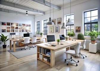 Fototapeta premium Elegant, modern interior design studio with sleek desks, design software, and inspirational mood boards, perfect for