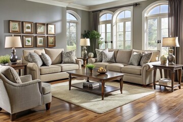 Fototapeta premium Elegant, modern living room furniture set with seven matching pieces, including sofa, loveseat, armchair, coffee table,