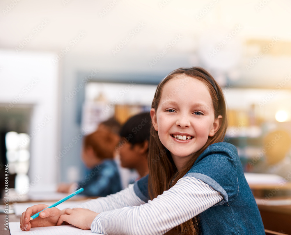 Poster portrait, smile and girl in classroom for education in growth, child development and notebook for le