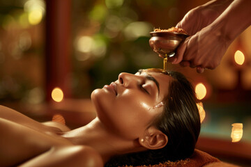 A woman undergoing Ayurvedic herbal oil massage in a spa