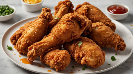 Crispy fried chicken drumsticks served on a white plate with dipping sauces, garnished with herbs.
