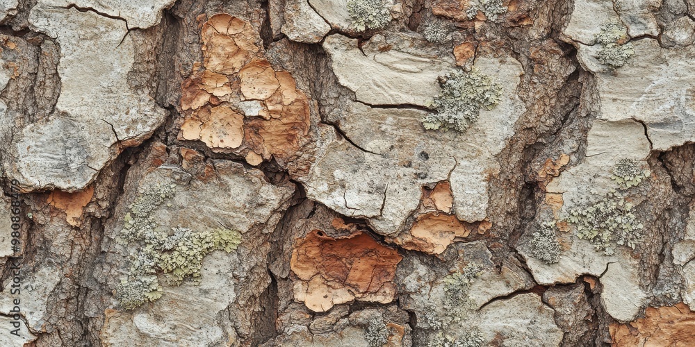 Poster close-up view of textured tree bark with natural patterns and lichen.