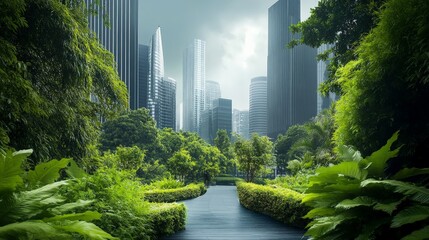 Fototapeta premium A cityscape where nature and business coexist, symbolizing a thriving green economy