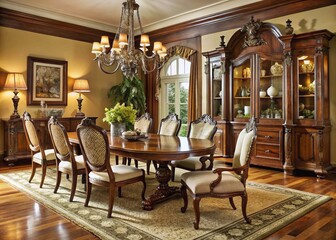 Elegant Abertgele-inspired dining room with rich wood tones, ornate cabinetry, and sophisticated seating, perfect for