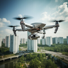 Autonomous drone flying above congested streets. Green summer town. Sunny day. Concept Technology. Urban, delivery. Realistic photo generated by Ai technology
