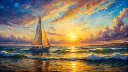 Naklejka premium Vibrant impressionist seascape painting features a sailboat drifting on gentle waves, bathed in warm golden sun rays on a textured canvas, evoking serene ambiance.