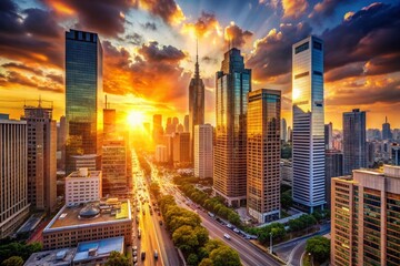 Obraz premium Vibrant cityscape artwork featuring sleek skyscrapers, bustling streets, and a bright orange sun shining down, casting a warm glow over the metropolitan landscape.