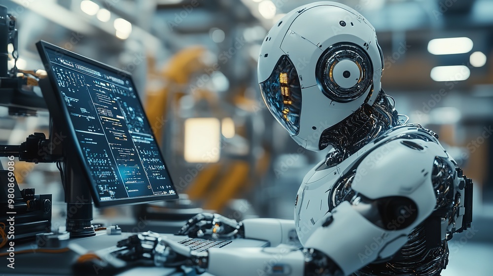 Poster a robot with a humanoid head works at a computer station against the backdrop of a high-tech office 