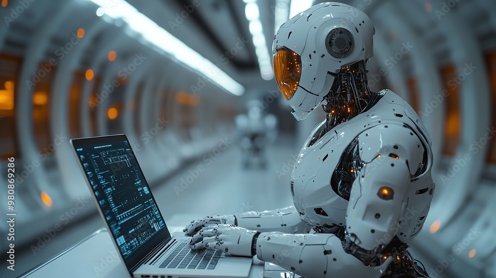 Poster a robot with a humanoid head works at a computer station against the backdrop of a high-tech office 