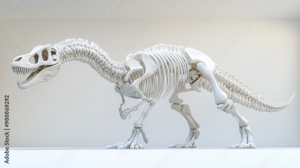 Poster 3d skeletal model of a dinosaur displayed in a modern setting.
