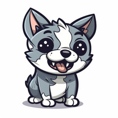A cheerful cartoon dog with gray fur and white markings sits contentedly with a big smile, showcasing an adorable and playful character for kids
