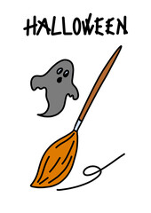 cute ghost looking at witch's broom