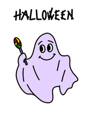 cute ghost holding candy in hands