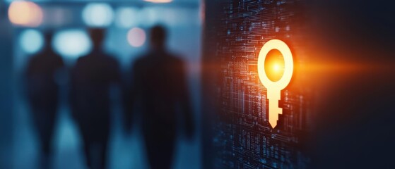 Team of businesspeople walking pass a glowing key, symbolizing new opportunities and solutions