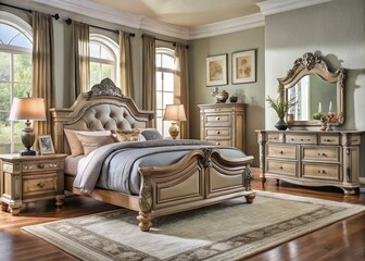 Elegant bedroom set featuring a plush bed, nightstand, dresser, and mirror, adorned with intricate wood carvings and