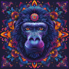 very bright and colorful mandala,very detailed high quality,object in center,gorilla  whole body