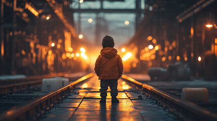 Young boy stands on railroad tracks at night, bathed in the glow of industrial area lights