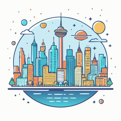 Naklejka premium Cityscape with sci-fi elements in a vintage poster style, bold and flat, minimal lines vector art logo design