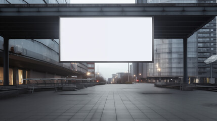 White blank billboard advertisement mock up. Empty road and bridge. Copy space. Marketing banner on modern building. Cityscape template. Advertising promotion. Generated by Ai technology