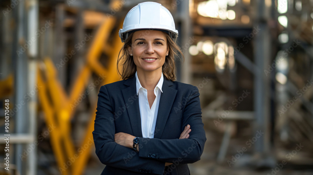 Poster female engineer is smiling with her arms folded while standing in front of a construction site