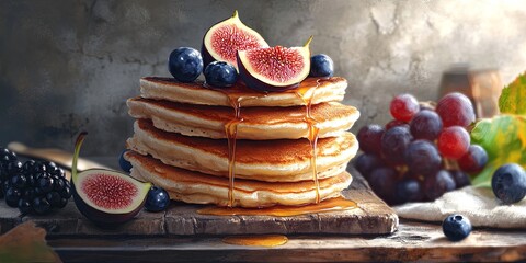 A stack of golden brown pancakes topped with figs, blueberries and a drizzle of maple syrup.