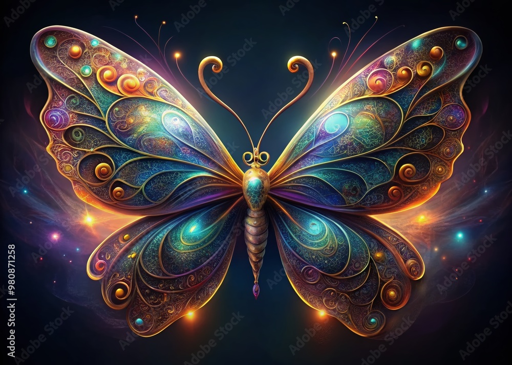 Poster vibrant abstract butterfly with intricate swirling patterns and delicate wings, generated by ai, flo