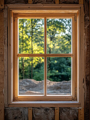 A wooden window frame overlooking a forest in an unfinished house.