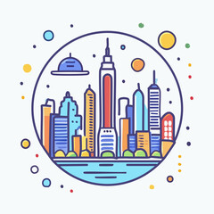 Obraz premium Cityscape with sci-fi elements in a vintage poster style, bold and flat, minimal lines vector art logo design