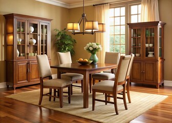 Elegant dining room set featuring a sturdy wooden table with four high-backed chairs and a matching hutch against